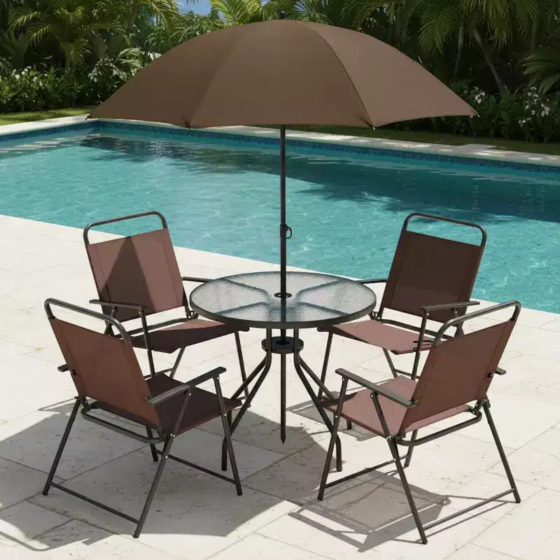 Gymax 6-Piece Patio Dining Set for 4 People w/ Round Tempered Glass Table & 4 Foldable Chairs Removable Umbrella Gray/Brown