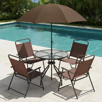 Gymax 6-Piece Patio Dining Set for 4 People w/ Round Tempered Glass Table & 4 Foldable Chairs Removable Umbrella Gray/Brown
