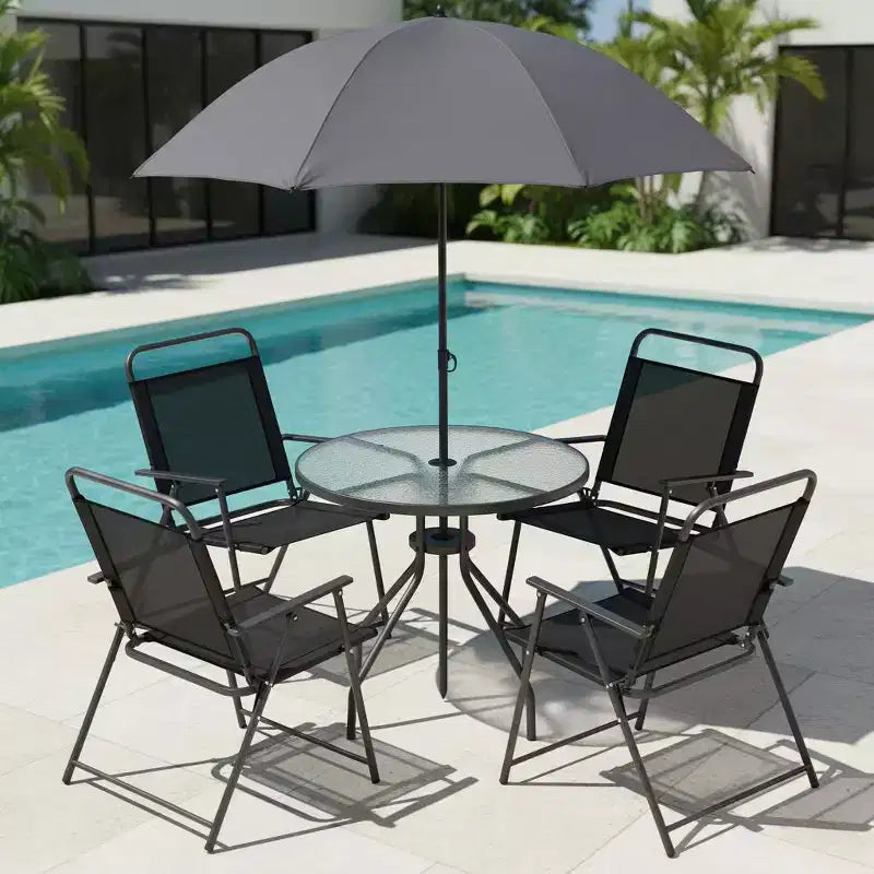 Gymax Ensemble de salle à manger d'extérieur 6 pièces pour 4 personnes avec table ronde en verre trempé et 4 chaises pliantes, parasol amovible gris/marron