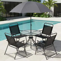 Gymax Ensemble de salle à manger d'extérieur 6 pièces pour 4 personnes avec table ronde en verre trempé et 4 chaises pliantes, parasol amovible gris/marron