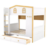 Lit superposé Whisen avec balustrades en forme de maison et étagères de rangement et tiroirs ou lit gigogne
