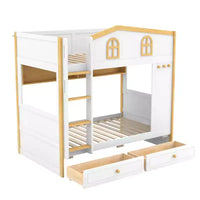 Lit superposé Whisen avec balustrades en forme de maison et étagères de rangement et tiroirs ou lit gigogne