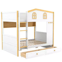 Lit superposé Whisen avec balustrades en forme de maison et étagères de rangement et tiroirs ou lit gigogne