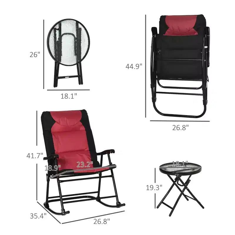 Ensemble de mobilier de jardin 3 pièces avec table basse en verre et 2 chaises berçantes rembourrées pliantes, style bistrot pour porche, camping, balcon