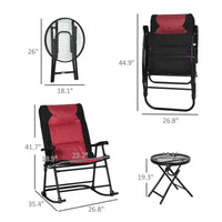 Ensemble de mobilier de jardin 3 pièces avec table basse en verre et 2 chaises berçantes rembourrées pliantes, style bistrot pour porche, camping, balcon