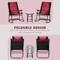 Ensemble de mobilier de jardin 3 pièces avec table basse en verre et 2 chaises berçantes rembourrées pliantes, style bistrot pour porche, camping, balcon