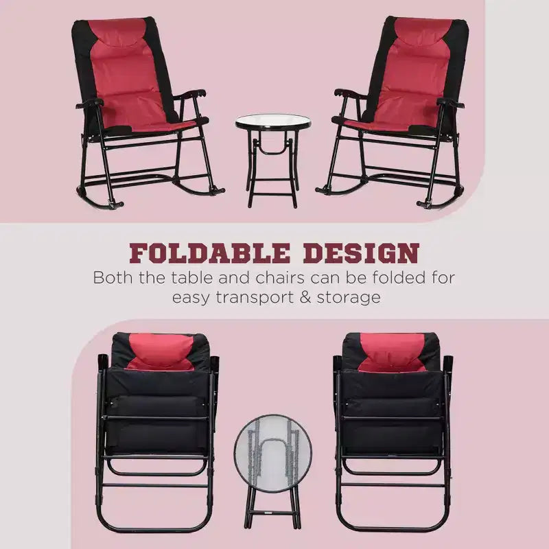 Ensemble de mobilier de jardin 3 pièces avec table basse en verre et 2 chaises berçantes rembourrées pliantes, style bistrot pour porche, camping, balcon