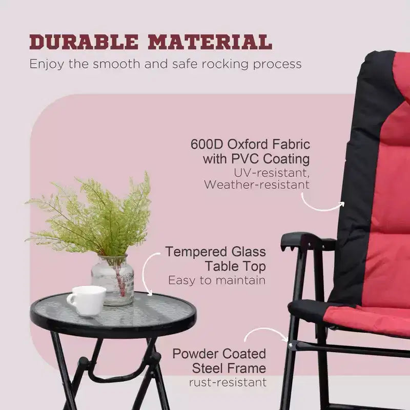 Ensemble de mobilier de jardin 3 pièces avec table basse en verre et 2 chaises berçantes rembourrées pliantes, style bistrot pour porche, camping, balcon