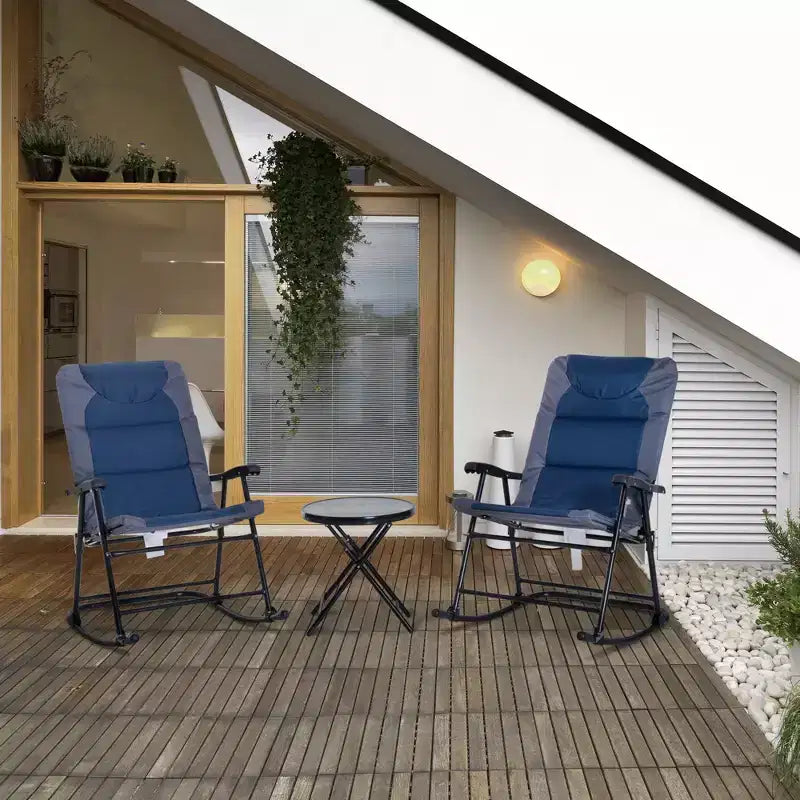 Ensemble de mobilier de jardin 3 pièces avec table basse en verre et 2 chaises berçantes rembourrées pliantes, style bistrot pour porche, camping, balcon