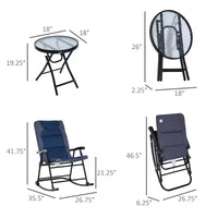Ensemble de mobilier de jardin 3 pièces avec table basse en verre et 2 chaises berçantes rembourrées pliantes, style bistrot pour porche, camping, balcon