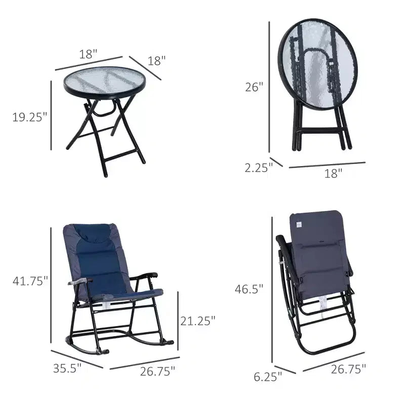 Ensemble de mobilier de jardin 3 pièces avec table basse en verre et 2 chaises berçantes rembourrées pliantes, style bistrot pour porche, camping, balcon