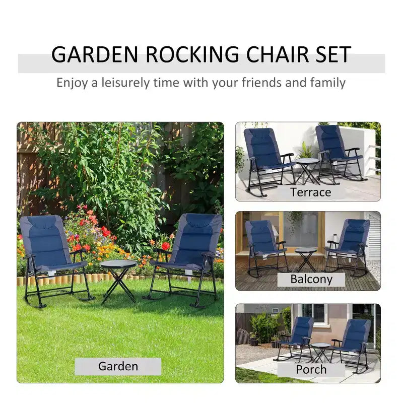 Ensemble de mobilier de jardin 3 pièces avec table basse en verre et 2 chaises berçantes rembourrées pliantes, style bistrot pour porche, camping, balcon
