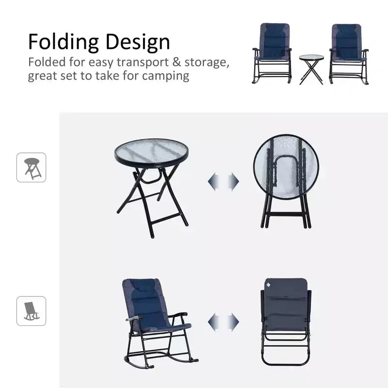 Ensemble de mobilier de jardin 3 pièces avec table basse en verre et 2 chaises berçantes rembourrées pliantes, style bistrot pour porche, camping, balcon