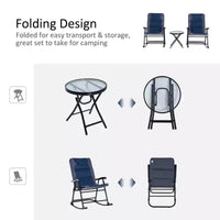 Ensemble de mobilier de jardin 3 pièces avec table basse en verre et 2 chaises berçantes rembourrées pliantes, style bistrot pour porche, camping, balcon