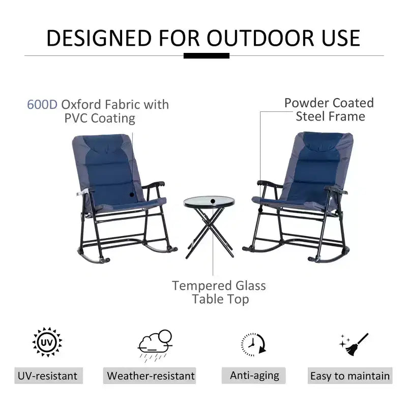 Ensemble de mobilier de jardin 3 pièces avec table basse en verre et 2 chaises berçantes rembourrées pliantes, style bistrot pour porche, camping, balcon