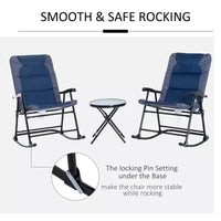 Ensemble de mobilier de jardin 3 pièces avec table basse en verre et 2 chaises berçantes rembourrées pliantes, style bistrot pour porche, camping, balcon