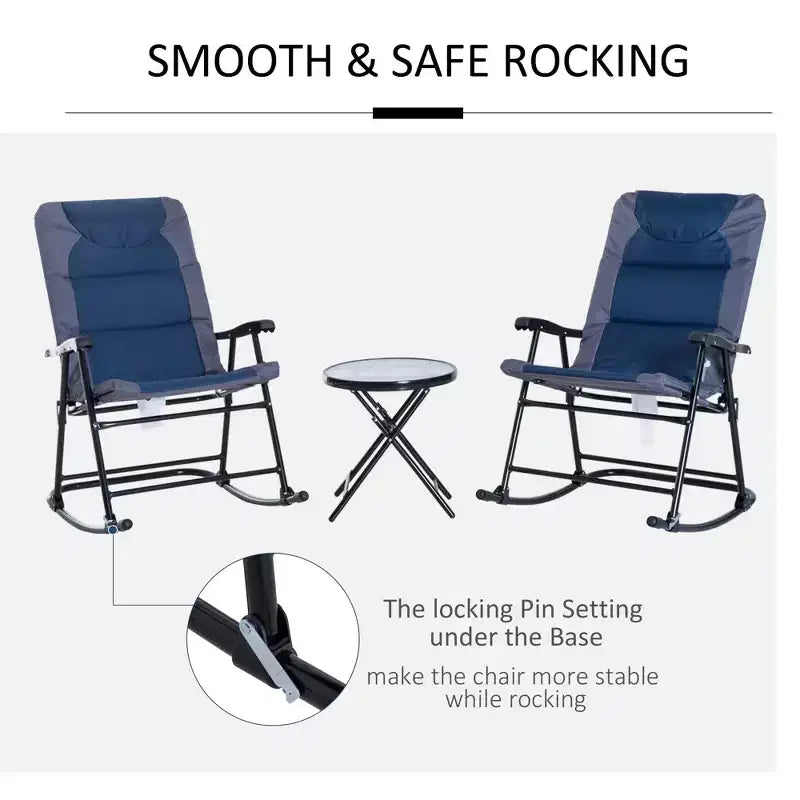 Ensemble de mobilier de jardin 3 pièces avec table basse en verre et 2 chaises berçantes rembourrées pliantes, style bistrot pour porche, camping, balcon