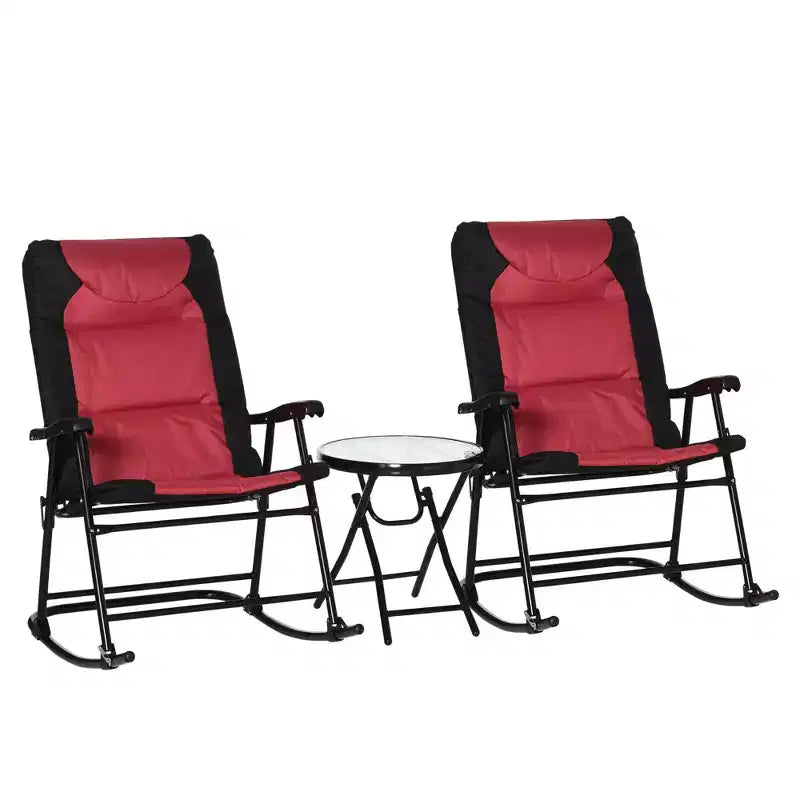 Ensemble de mobilier de jardin 3 pièces avec table basse en verre et 2 chaises berçantes rembourrées pliantes, style bistrot pour porche, camping, balcon
