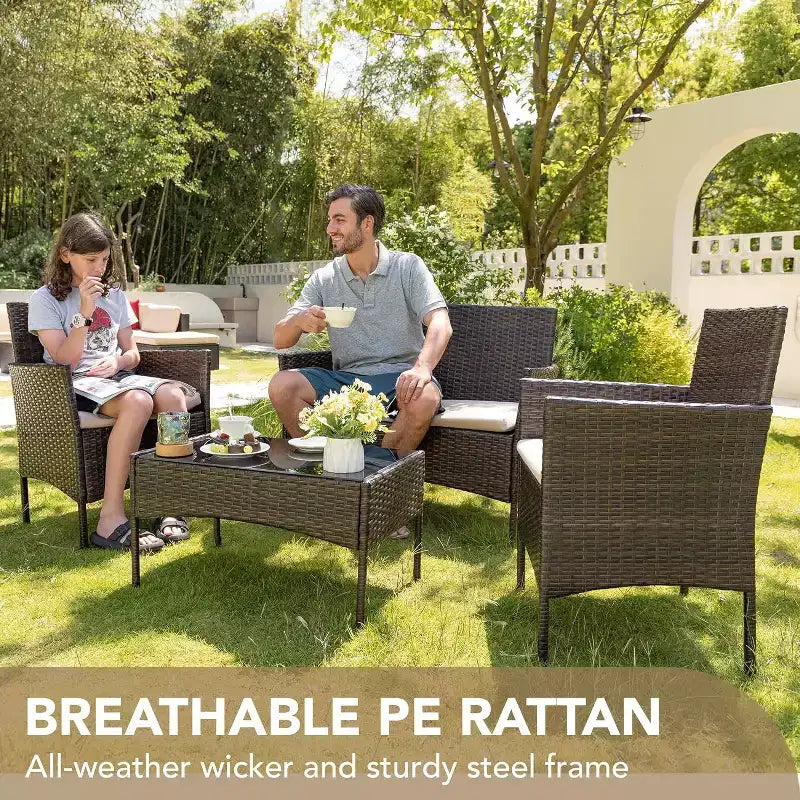 Ensemble de mobilier de patio 4 pièces | Noir | Meubles d'extérieur en osier avec table basse | Salon de conversation en rotin | Résistant aux intempéries