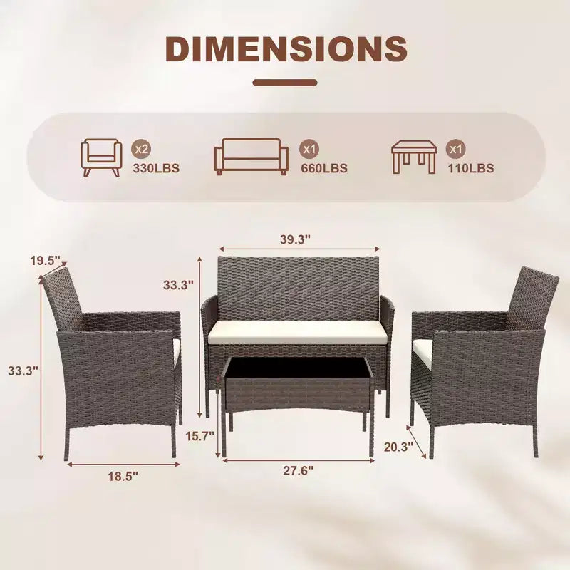 Ensemble de mobilier de patio 4 pièces | Noir | Meubles d'extérieur en osier avec table basse | Salon de conversation en rotin | Résistant aux intempéries