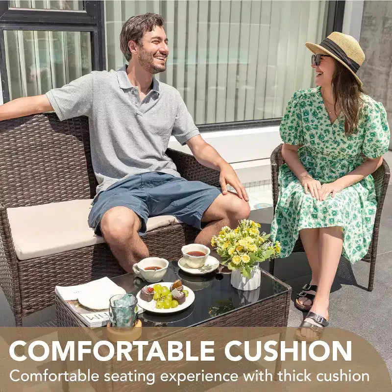 Ensemble de mobilier de patio 4 pièces | Noir | Meubles d'extérieur en osier avec table basse | Salon de conversation en rotin | Résistant aux intempéries