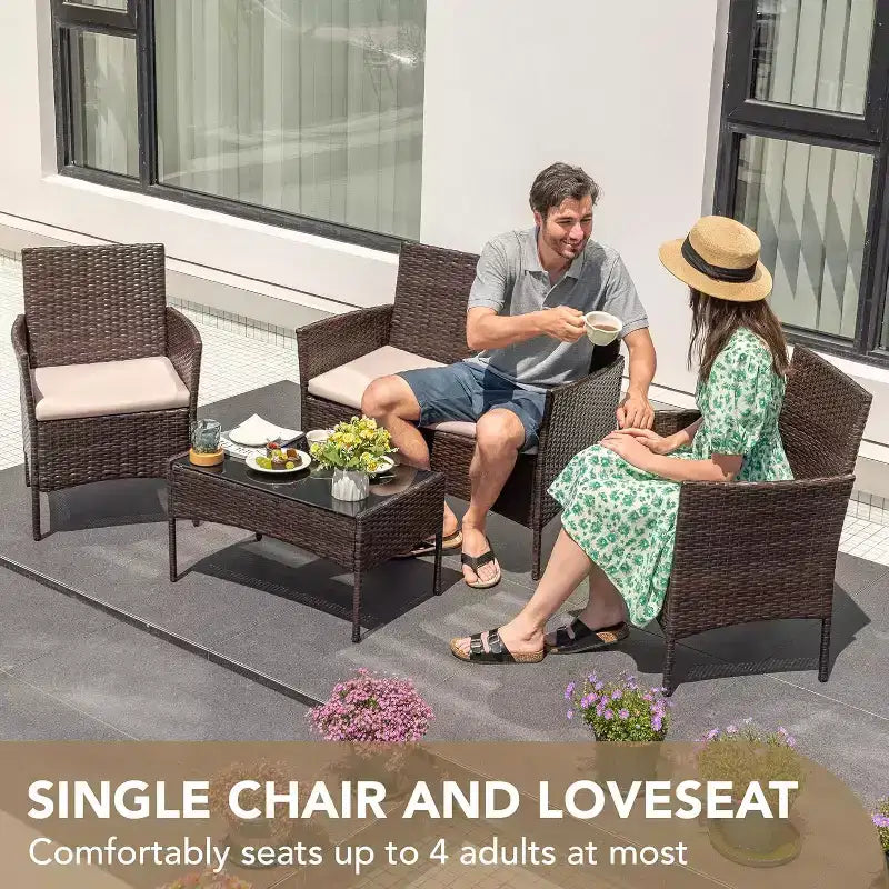Ensemble de mobilier de patio 4 pièces | Noir | Meubles d'extérieur en osier avec table basse | Salon de conversation en rotin | Résistant aux intempéries