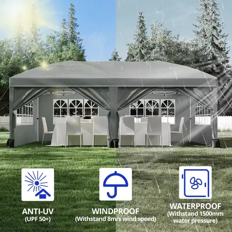 Tonnelle Pop-Up Robuste 3x6 m avec 6 Parois Latérales, Gazebo Commercial Étanche, Tente de Réception Ajustable