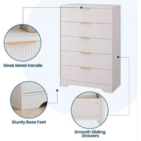 Commode haute à 5 tiroirs, commode moderne en bois avec glissières fluides et poignées métalliques dorées, armoire de rangement de 80 cm pour chambre à coucher, salon, entrée