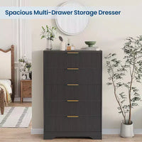 Commode haute à 5 tiroirs, commode moderne en bois avec glissières fluides et poignées métalliques dorées, armoire de rangement de 80 cm pour chambre à coucher, salon, entrée