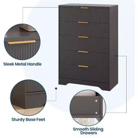 Commode haute à 5 tiroirs, commode moderne en bois avec glissières fluides et poignées métalliques dorées, armoire de rangement de 80 cm pour chambre à coucher, salon, entrée