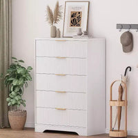 Commode haute à 5 tiroirs, commode moderne en bois avec glissières fluides et poignées métalliques dorées, armoire de rangement de 80 cm pour chambre à coucher, salon, entrée