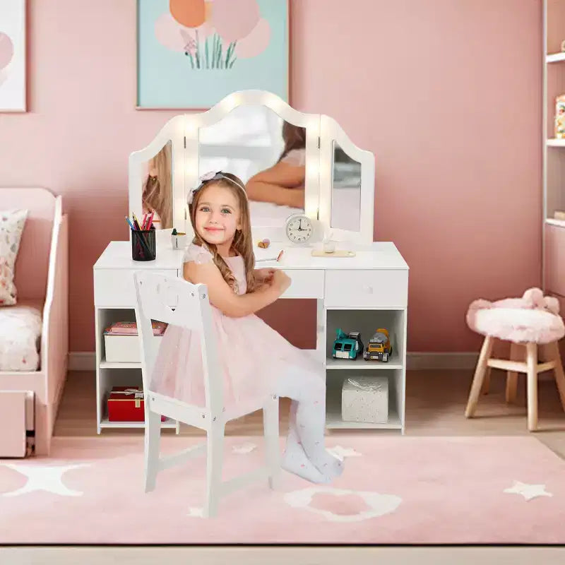 Coiffeuse pour enfants avec lumières, coiffeuse de princesse avec meuble de rangement, miroir triptyque détachable à éclairage tactile, coiffeuse 2 en 1, blanc