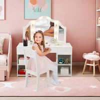 Coiffeuse pour enfants avec lumières, coiffeuse de princesse avec meuble de rangement, miroir triptyque détachable à éclairage tactile, coiffeuse 2 en 1, blanc