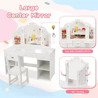 Coiffeuse pour enfants avec lumières, coiffeuse de princesse avec meuble de rangement, miroir triptyque détachable à éclairage tactile, coiffeuse 2 en 1, blanc