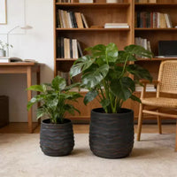 Lot de 2 grandes jardinières rondes, 40x40 cm et 30x28 cm, en oxyde de magnésium léger, texture béton, intérieur extérieur