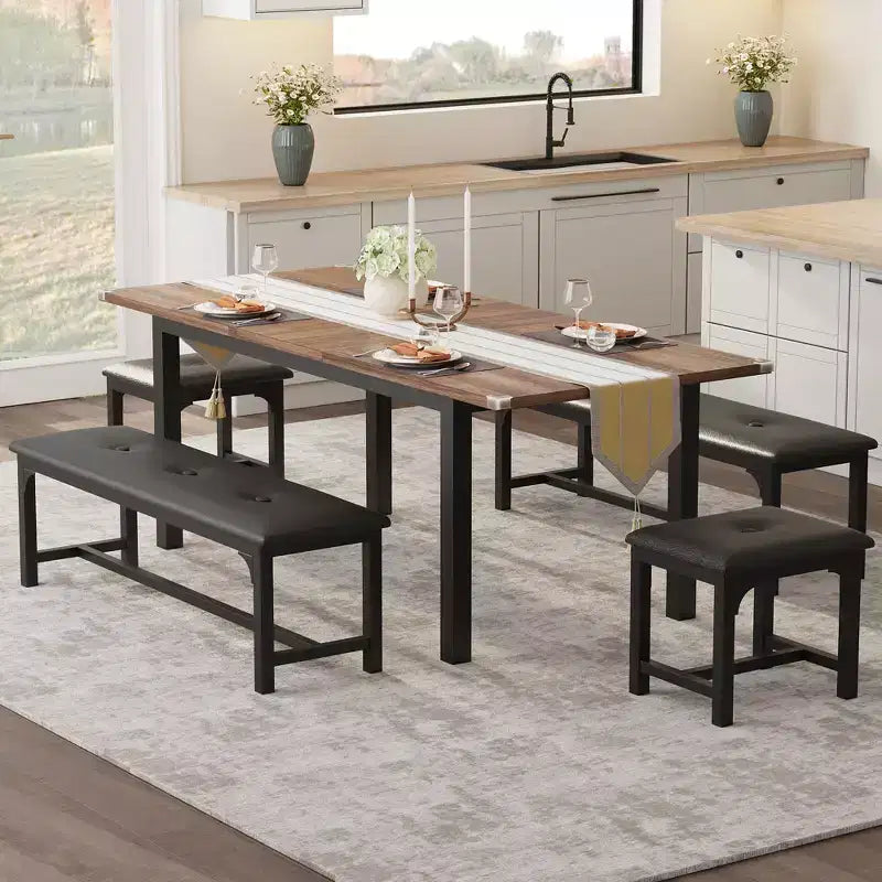 Ensemble de salle à manger extensible peu encombrant pour 4 à 8 personnes, table multifonctionnelle de 160 cm avec bancs et tabourets, imperméable, anti-marques, style moderne du milieu du siècle