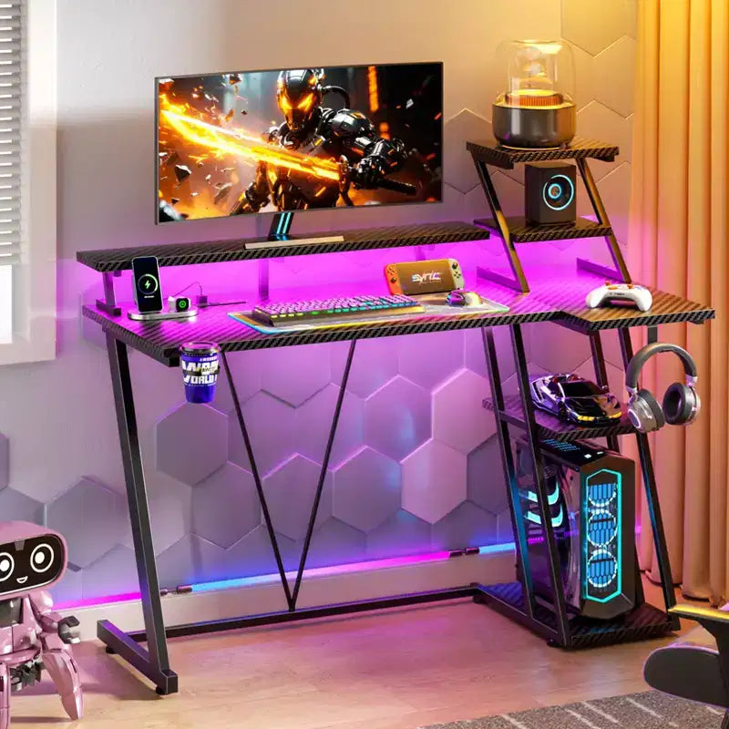 Bureau de jeu noir de 39 pouces, petite table d'ordinateur en L avec support d'écran, étagères de rangement, bureau d'angle moderne pour gamer, économiseur d'espace pour salle PC