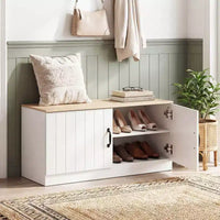 Banc à chaussures 2 portes Costway avec étagères réglables et espace de rangement caché Naturel + Blanc/Blanc