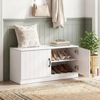 Banc à chaussures 2 portes Costway avec étagères réglables et espace de rangement caché Naturel + Blanc/Blanc