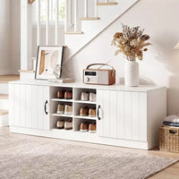 Banc à chaussures 2 portes Costway avec étagères réglables et espace de rangement caché Naturel + Blanc/Blanc