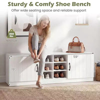 Banc à chaussures 2 portes Costway avec étagères réglables et espace de rangement caché Naturel + Blanc/Blanc