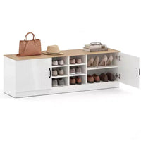 Banc à chaussures 2 portes Costway avec étagères réglables et espace de rangement caché Naturel + Blanc/Blanc