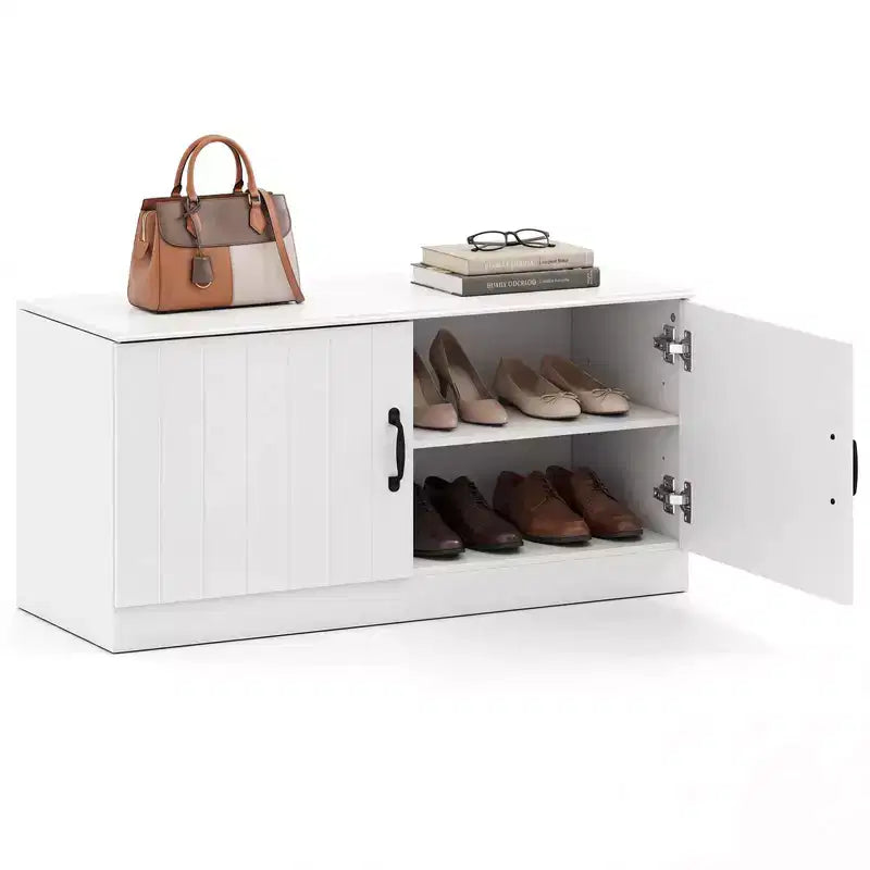 Banc à chaussures 2 portes Costway avec étagères réglables et espace de rangement caché Naturel + Blanc/Blanc