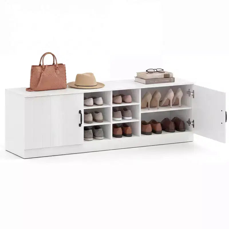 Banc à chaussures 2 portes Costway avec étagères réglables et espace de rangement caché Naturel + Blanc/Blanc