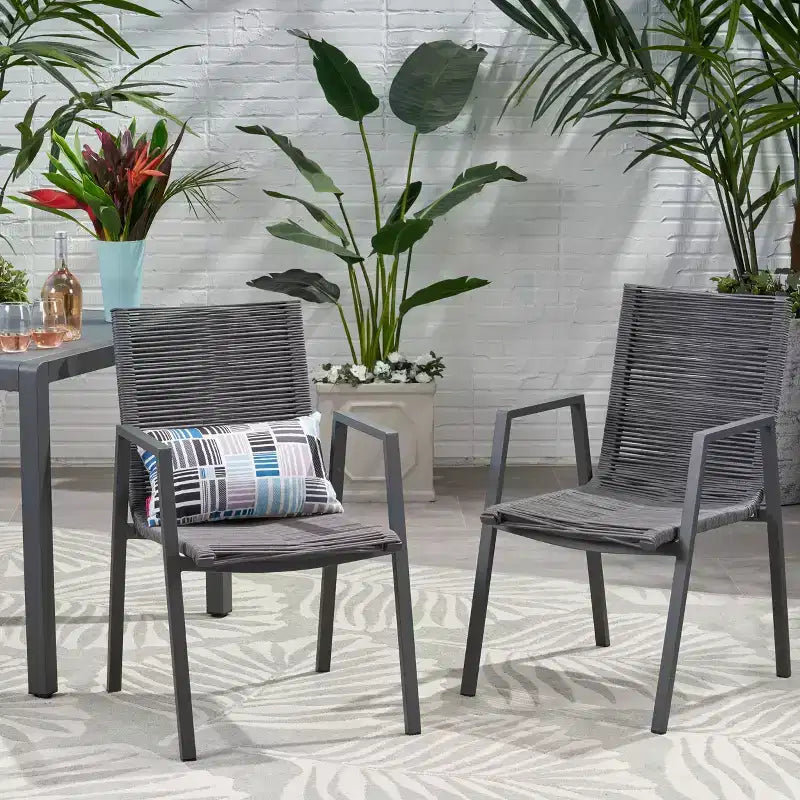 Chaise de salle à manger moderne extérieure en aluminium avec assise en corde (lot de 2), gris et gris foncé
