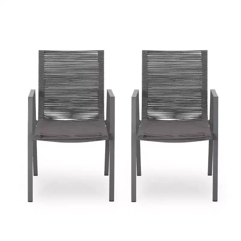 Chaise de salle à manger moderne extérieure en aluminium avec assise en corde (lot de 2), gris et gris foncé