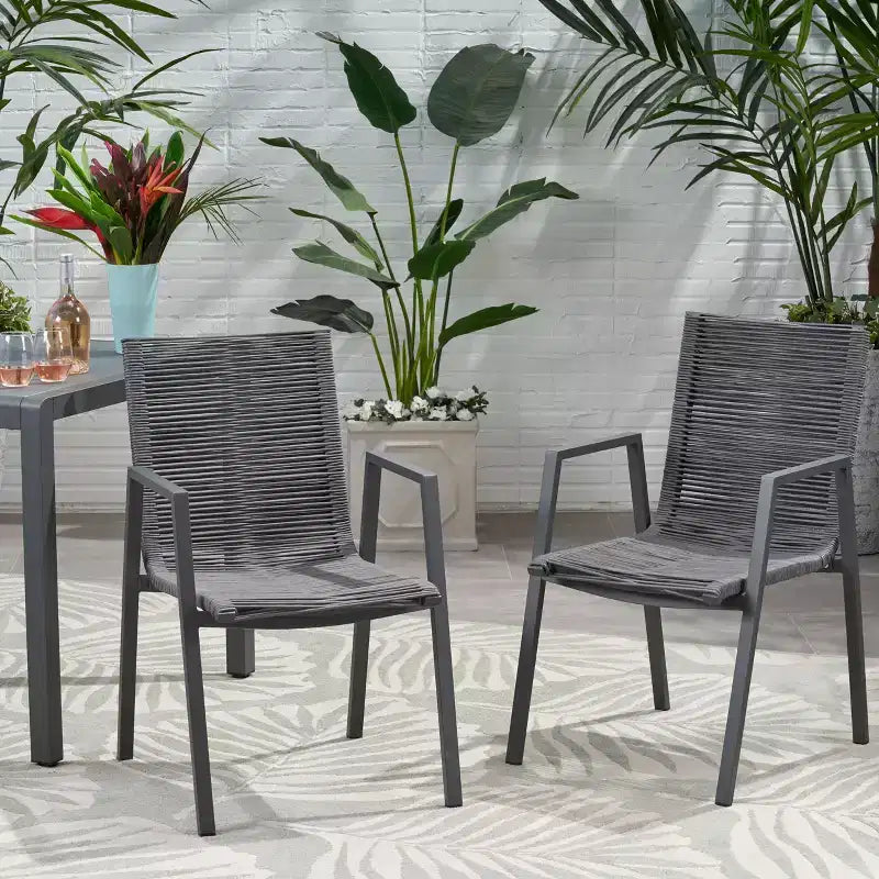 Chaise de salle à manger moderne extérieure en aluminium avec assise en corde (lot de 2), gris et gris foncé