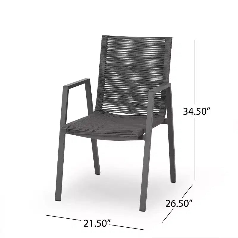 Chaise de salle à manger moderne extérieure en aluminium avec assise en corde (lot de 2), gris et gris foncé