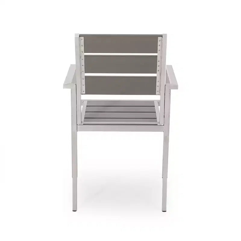 Chaises de salle à manger modernes d'extérieur en aluminium avec siège imitation bois (ensemble de 2), gris et argent