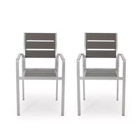 Chaises de salle à manger modernes d'extérieur en aluminium avec siège imitation bois (ensemble de 2), gris et argent